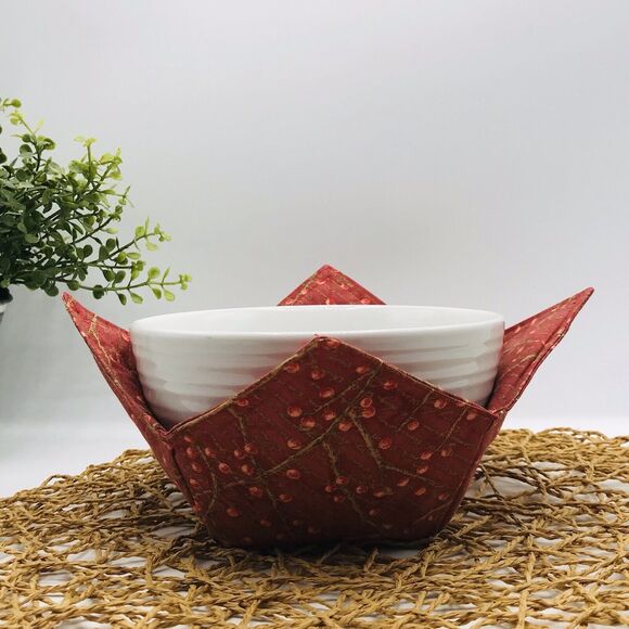 Microwave Soup Bowl Cozie Reversible Bowl Cozy, Fall Berries on Vines Rust Brown - Picture 4 of 6